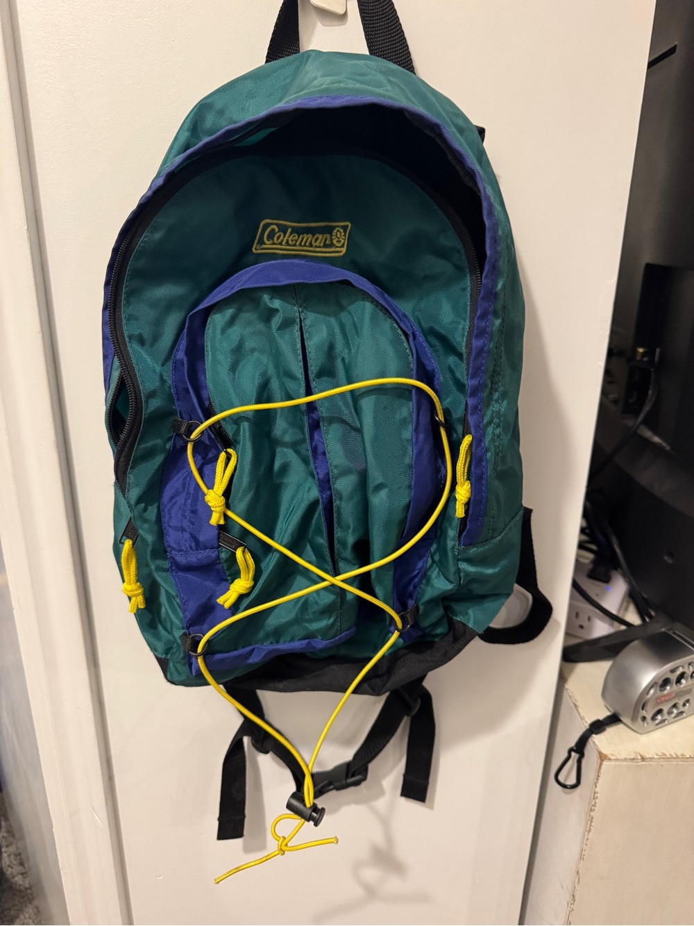 Vintage Coleman Green & Blue Backpack with Yellow Accents